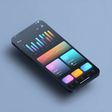 Smart phone with colorful screen on blue background. 3d rendering.の素材
