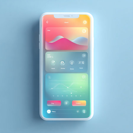 Realistic smartphone with colorful screen on blue background. Vector illustration.の素材