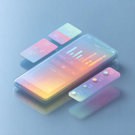 Mobile phone with colorful screen on blue background. 3D rendering.の素材