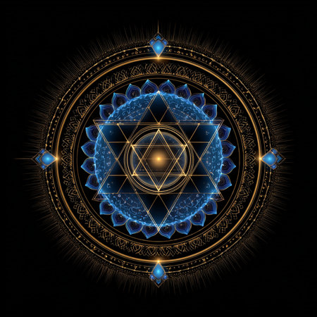Sacred geometry symbol. Mandala with sacred geometry on black background.の素材