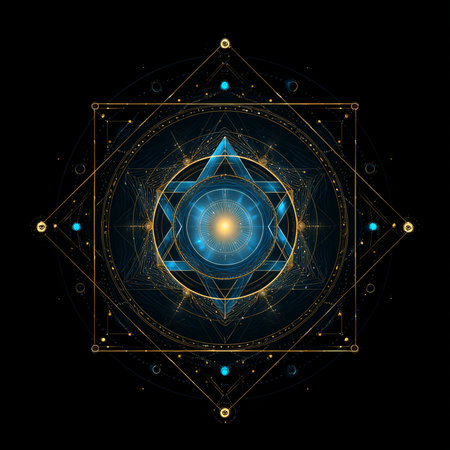 Vector illustration of Sacred geometric symbol on black background. Abstract mystic sign. Geometric linear shape.の素材