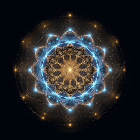 Geometry sacred symbol illustration. Abstract fractal shape on the dark backgroundの素材