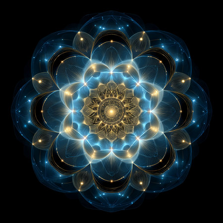 Abstract fractal blue flower on black background. Fantasy fractal texture. Digital art. 3D rendering.の素材