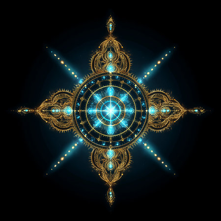 Vector illustration of Sacred geometric symbol. Mandala on black background.の素材
