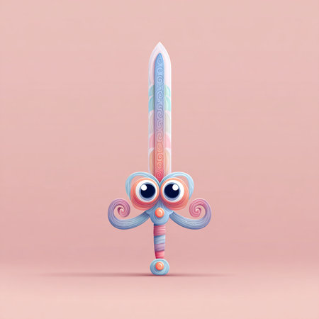 Funny cartoon sword with eyes and mouth on a pink background.の素材
