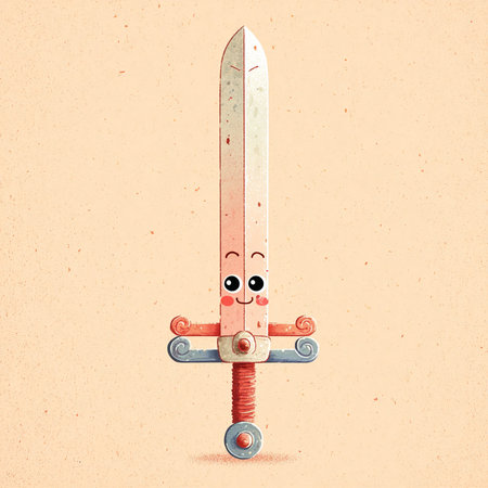 Kawaii sword cartoon illustration on old paper background,watercolor styleの素材