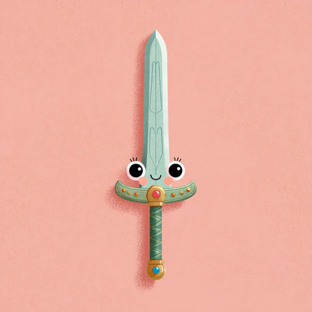 Funny cartoon sword with eyes on a pink background. Vector illustration.の素材