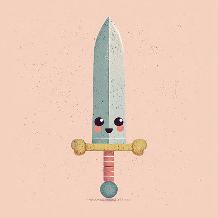 Cute cartoon kawaii sword. Vector illustration on grunge background.の素材