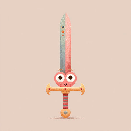 Fantasy medieval sword with a funny face. Vector illustration in cartoon style.の素材