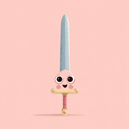 Cartoon sword with eyes and mouth on a pink background. Vector illustrationの素材