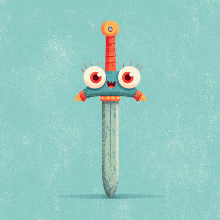 Funny cartoon sword with eyes on a blue background. Vector illustration.の素材