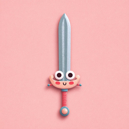Funny kawaii sword on pink background. 3d illustrationの素材