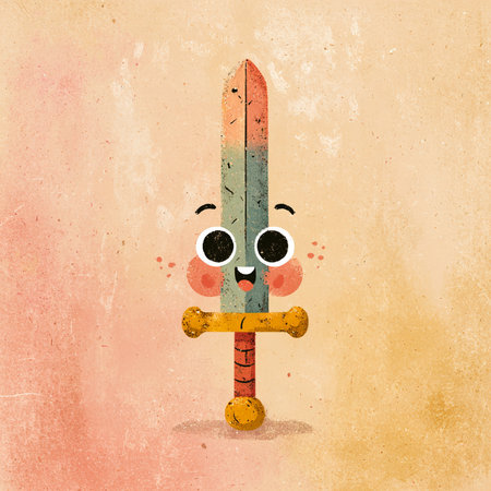 Funny cartoon character with a sword on a grunge background.の素材