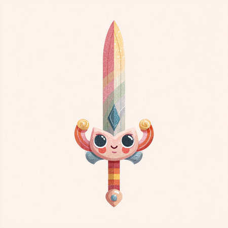 Illustration of a cute fantasy sword with a rainbow pattern on a light backgroundの素材