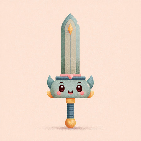 Funny cartoon kawaii knight sword character. Vector illustration.の素材