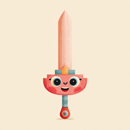 Funny cartoon sword. Vector illustration of a kawaii sword.の素材