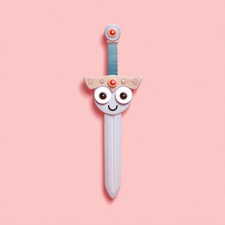 Funny cartoon kawaii sword on pink background. Minimal concept.の素材