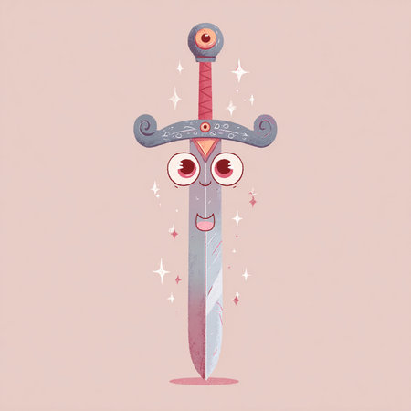 Fantasy fantasy sword with eyes and mouth, vector cartoon illustration.の素材