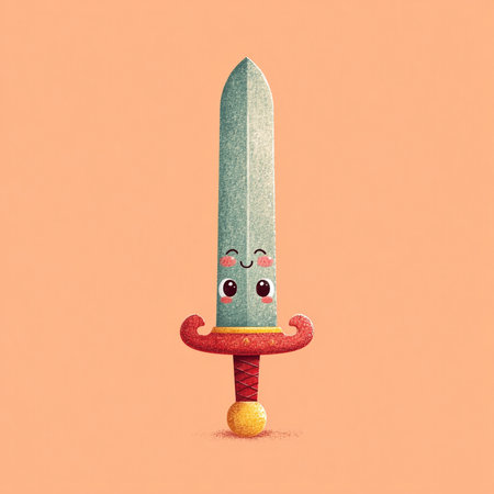 Kawaii kawaii sword on orange background. Cartoon illustrationの素材