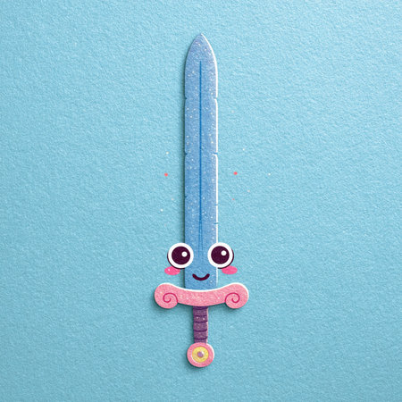 Funny kawaii sword on blue paper background. Paper artの素材