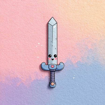 Kawaii sword on watercolor background. Digital art painting.の素材