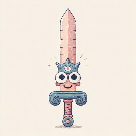 Funny cartoon knight with a sword in his hand. Vector illustration.の素材