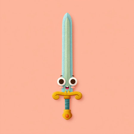 Kawaii sword with eyes and mouth on a pink background. 3d illustrationの素材