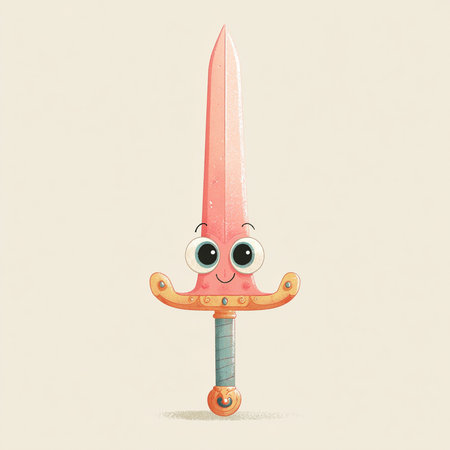 Funny cartoon kawaii sword with big eyes. Vector illustration.の素材