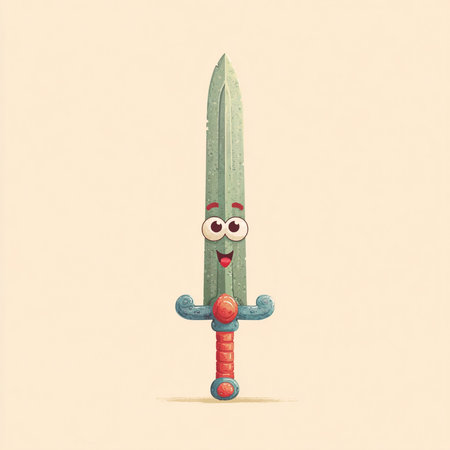 Funny cartoon character with sword. Vector illustration. Cartoon style.の素材