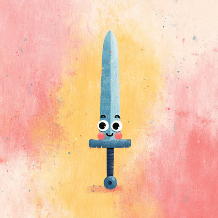 kawaii cartoon sword on grunge background, watercolor illustrationの素材