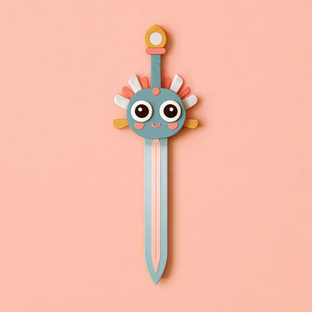 Funny kawaii cartoon sword on pastel pink background.の素材