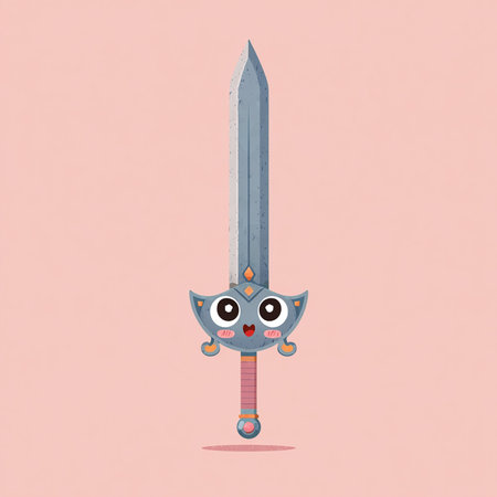 Illustration of a cartoon medieval knight sword on a pink background.の素材