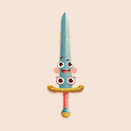 Funny cartoon sword with eyes and mouth. Illustration in retro comic style.の素材