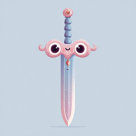 Funny cartoon kawaii sword with eyes. Vector illustration.の素材