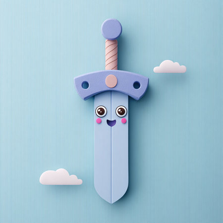 kawaii cartoon sword on blue background. Paper art style.の素材