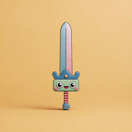 Kawaii cartoon sword on orange background. 3d illustration.の素材