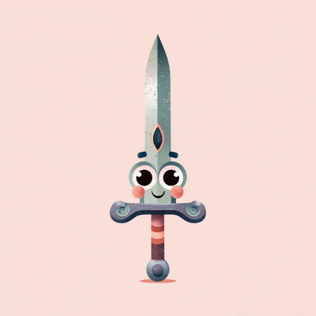 Funny cartoon knight sword with eyes and mouth. Vector illustration.の素材