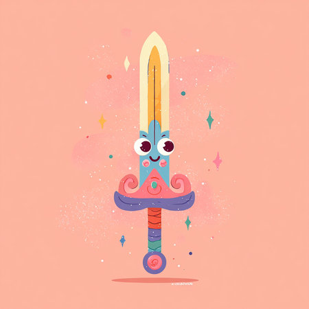 Funny kawaii fantasy sword with eyes and mouth. Vector illustration.の素材