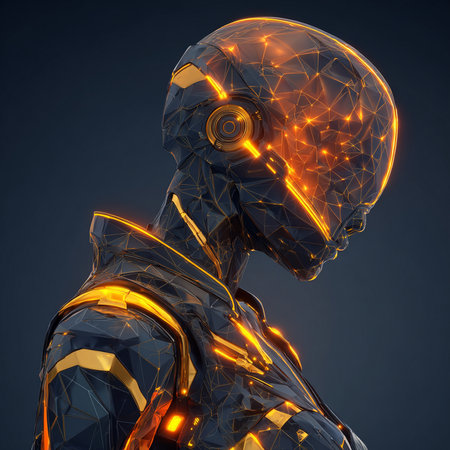 Cyborg with glowing head on dark background. 3D rendering.の素材