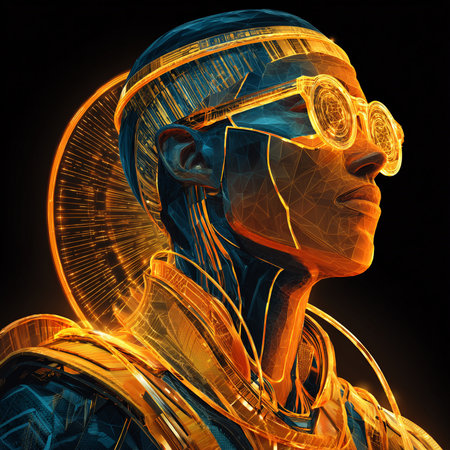 3D rendering of a male robot with futuristic glasses isolated on black backgroundの素材