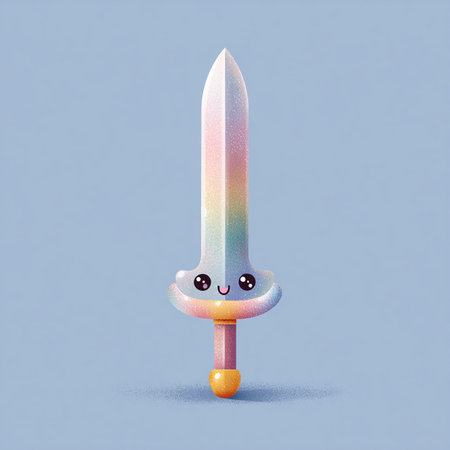 Kawaii kawaii cartoon sword with rainbow gradient on blue backgroundの素材