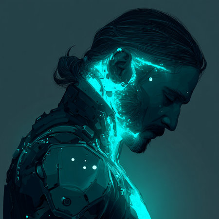3D rendering of a male cyborg with cyber head on a blue backgroundの素材