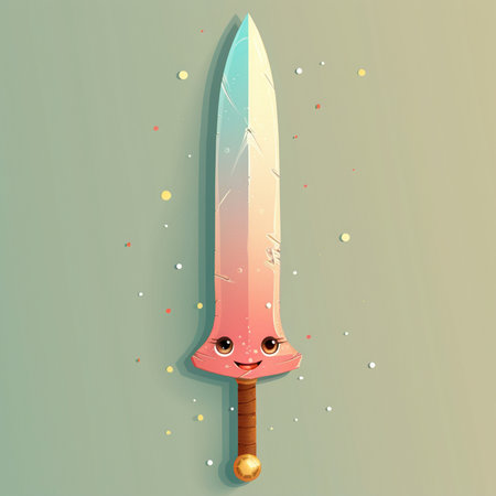 illustration of kawaii cartoon sword on color background with confettiの素材