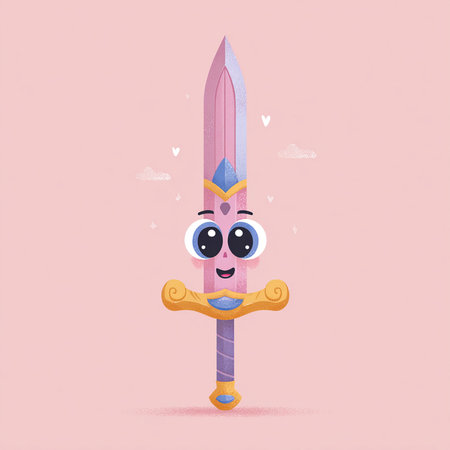 Funny cartoon kawaii knight sword character. Vector illustration.の素材