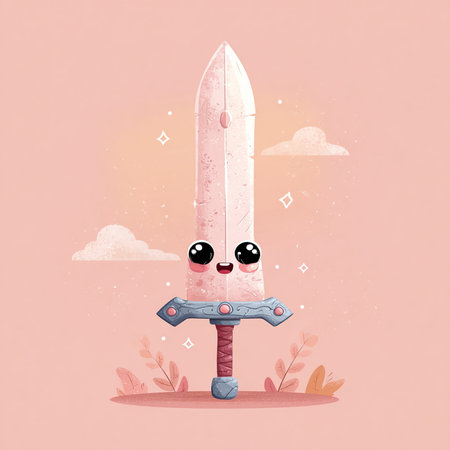 Funny cartoon sword. Vector illustration of a kawaii sword.の素材