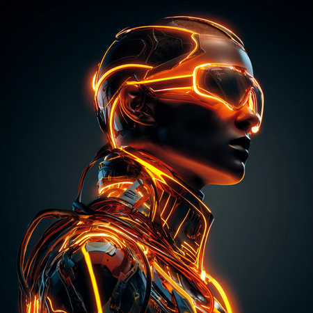 Cyborg woman with glowing glow on dark background. 3D renderingの素材