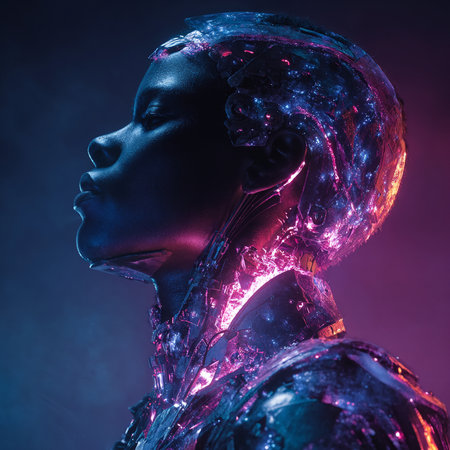 Portrait of futuristic cyborg woman with glowing bodyart. 3D renderingの素材