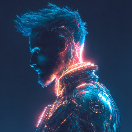 3D Illustration of a male cyborg with glowing lights on his faceの素材