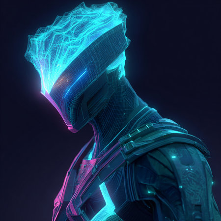 3D rendering of a male robot wearing futuristic helmet isolated on black backgroundの素材