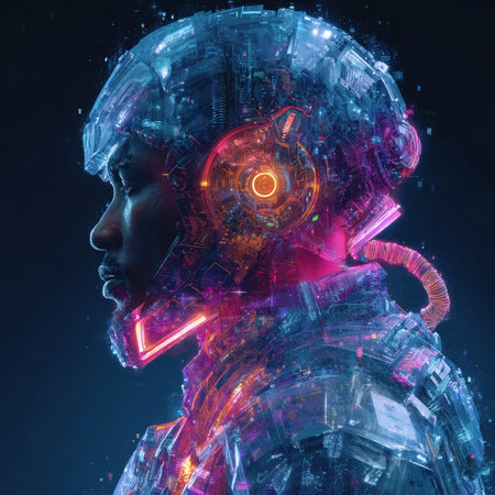 Cyborg head with glowing neon lights on dark background. 3D renderingの素材